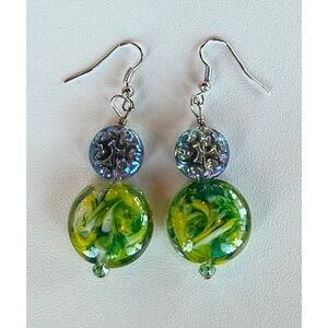 Handmade Art Glass Earrings Green Swirl Lampwork Iridescent Beaded Dangle